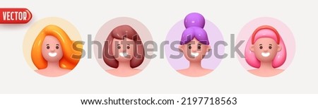 Woman avatar face with smile. Icon user person. Close-up faces of women and young girl in round frame. Set of People happy joyful. Realistic 3d design in cartoon style. vector illustration