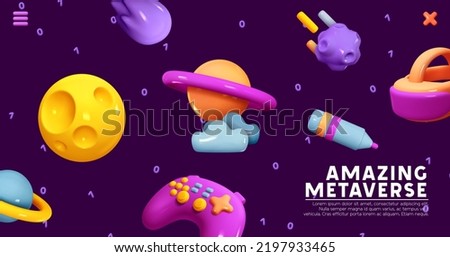 Abstract background Metaverse of futuristic design. Creative cartoon space design with realistic 3d planets and space asteroids and comets, game virtual glasses and gamepad. Vector illustration