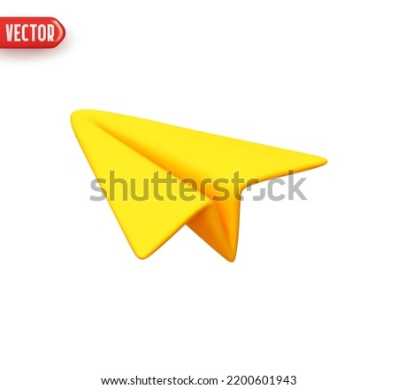 Paper plane yellow colors. Paper airplane. Realistic 3d design element In plastic cartoon style. Icon isolated on white background. vector illustration