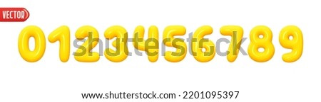 Yellow numbers from 0 to 9. Collection of voluminous inflated numbers from balloon. Set of bright bubble spherical figures. Realistic 3d design. vector illustration