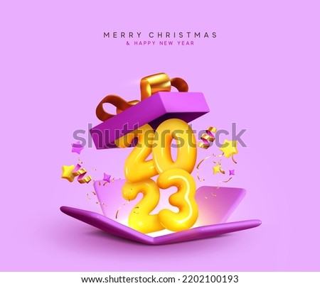 Happy New Year 2023. Realistic 3d open gifts box yellow number sign 2023. Merry Christmas Background. Xmas sale present. Holiday decorative purple boxes, Holiday gift surprise. Vector illustration