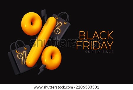 Black Friday super sale. Promo background with realistic 3d cartoon style elements, yellow big percentage sign. Shopping bag, percent symbols. Promotion banner, web poster. Vector illustration