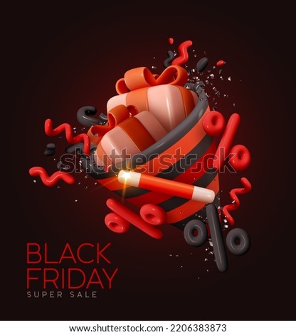 Black Friday super sale. Promo background with realistic 3D cartoon style elements, red party hat with gift box inside, confetti and magic wand. Promotion banner, web poster. vector illustration