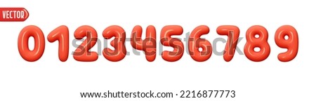 Red numbers from 0 to 9. Collection of voluminous inflated color numbers from balloon. Set of bright bubble spherical numbering figures. Elements in cartoon style. vector illustration
