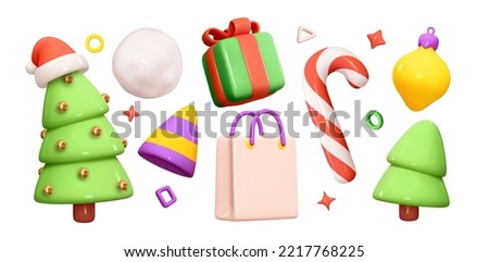 Set of Christmas festive elements for design. Holiday Decoration Shop bag, gift box, cone toy, christmas tree, xmas candy cane, snow globe. Realistic 3d object in cartoon style. vector illustration