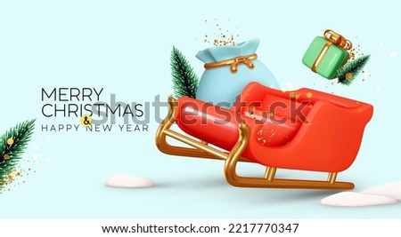 Christmas background. Xmas holiday composition with realistic 3d decorative objects, red santa claus sleigh, gift bag, christmas fluffy fir trees. Falling levitate design elements. Vector illustration