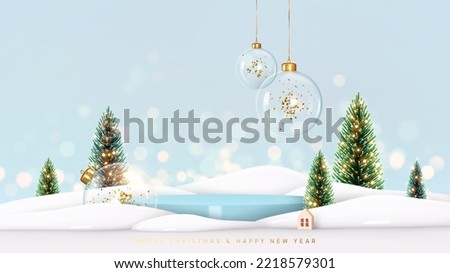 Christmas background with cylindrical podium for promotions. Round stage for presentation sale product. Stage pedestal or platform in snow between Xmas trees, glass balls hanging. Vector illustration ストックフォト © 