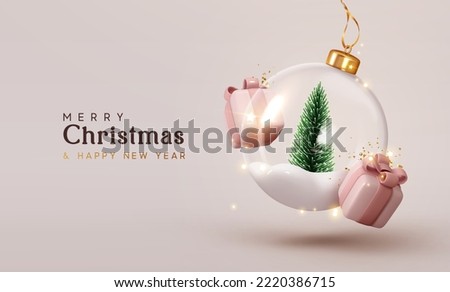 Merry Christmas and Happy New Year. Christmas ornaments glass transparent balls with fir tree inside on the snow, gift boxes are falling. Holiday Xmas background. vector illustration