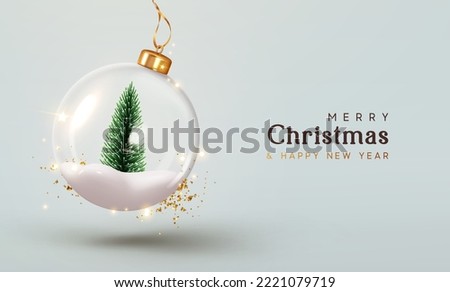 Christmas background. Xmas ornaments Glass ball with snow inside. Christmas tree decorations transparent ball hanging on golden ribbon, gold glitter confetti. Realistic 3d design. vector illustration