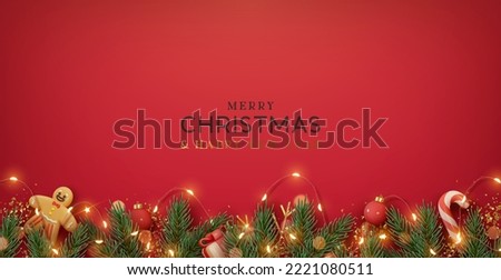 Christmas border with fir branches and decoration ornaments elements on red background. Realistic 3d design. Bright Christmas and New Year background light garlands, gold confetti. Vector illustration ストックフォト © 