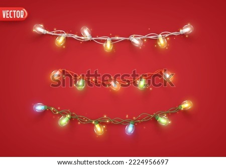 Christmas ornaments bright light garlands. Set Xmas decoration string light garland multicolored. Realistic 3d decor for holiday design. Bulb lamp on red ribbon for the new year. vector illustration Stok fotoğraf © 