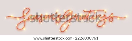 Seasons greetings lettering realistic 3d inscription from christmas lights decorated garland. Tex from golden bright lamp bulb on ribbon. Horizontal web poster, header for website. vector illustration