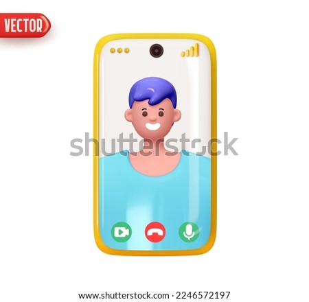 Mobile phone video communication on screen happy man. Chat friends live. Mobile application for video calls. Smartphone virtual communication. Stylish design in cartoon 3d style. Vector illustration