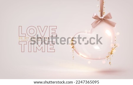 Valentines day background. Transparent glass heart hanging on ribbon, falling gold glitter confetti. Realistic 3d design decorations. Holiday ornament glass heart empty inside. vector illustration