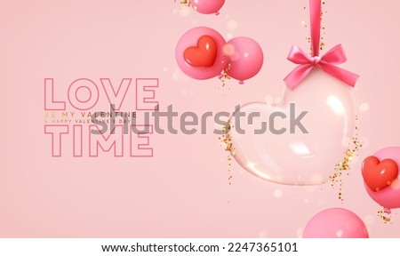 Valentines day background. Transparent glass heart hanging on red ribbon, falling gold glitter confetti. Realistic 3d design decorations. Holiday ornament glass heart empty inside. vector illustration