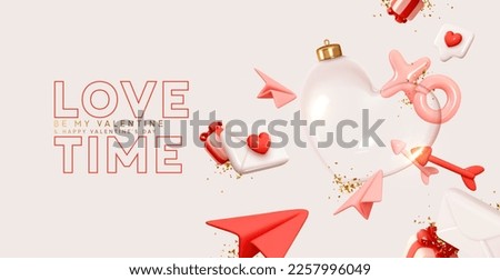 Valentines day background. Transparent glass heart, falling gold glitter confetti, postal envelopes, gift box. Realistic 3d design. Holiday ornament glass heart empty inside. vector illustration