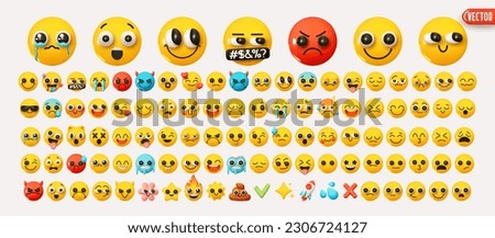 Set Icon Smile Emoji. Realistic Yellow Glossy 3d Emotions round face. Big Collection Smile Emoticon Cartoon Style. Isolated on white background. vector illustration