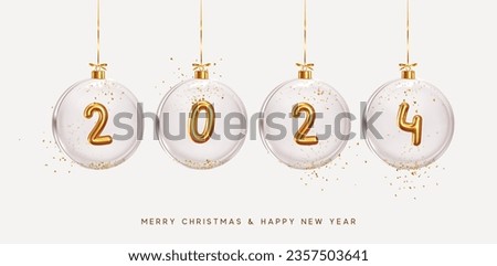 2024 Happy New Year. Golden metal number in glass Christmas balls hang on ribbon. Realistic 3d render metallic sign. Celebrate party 2024. Xmas Poster, web banner, header website. vector illustration