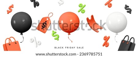 Black Friday object. Set round shape helium balloons in black red and white colors. Festive decorative element in realistic 3d design discount coupon, percent symbol, shopping bag. vector illustration