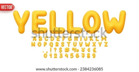 Yellow Font realistic 3d design. Complete alphabet and numbers from 0 to 9. Collection Glossy letters in cartoon style. Fonts voluminous inflated from balloon. Vector illustration