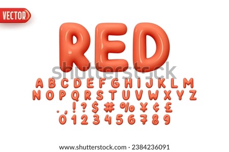 Red Font realistic 3d design. Complete alphabet and numbers from 0 to 9. Collection Glossy letters in cartoon style. Fonts voluminous inflated from balloon. Vector illustration