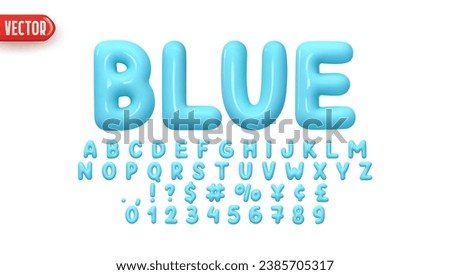 Blue Font realistic 3d design. Complete alphabet and numbers from 0 to 9. Collection Glossy letters in cartoon style. Fonts voluminous inflated from balloon. Vector illustration