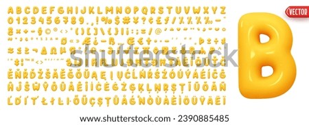 Multilingual font complete with all symbols and signs and numbers. Full Font realistic 3d design plastic cartoon style, yellow colors. Language support French, German. Vector illustration