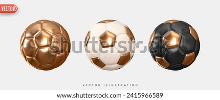 Soccer ball. Football balls Set realistic 3d design style. Leather texture golden and white color. Mockup of sports elements isolated on white background. vector illustration