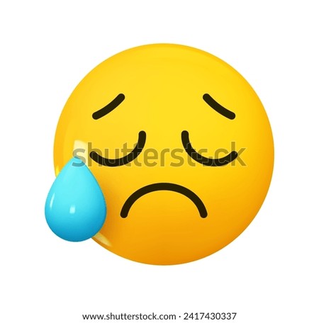 Emoji Sad but Relieved Face a drop of tears on the cheeks . Emotion 3d cartoon icon. Yellow round emoticon. Vector illustration