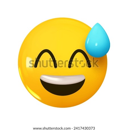 Grinning Face with Sweat Emoji. Emotion 3d cartoon icon. Yellow round emoticon. Vector illustration