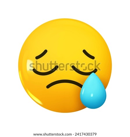 Emoji Sad but Relieved Face a drop of tears on the cheeks . Emotion 3d cartoon icon. Yellow round emoticon. Vector illustration