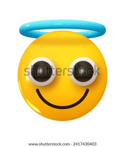 Emoji Smiling face with halo blue ring. Emotion 3d cartoon icon. Yellow round emoticon. Vector illustration