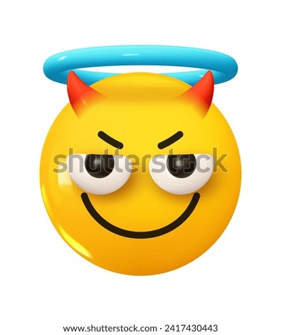 Emoji Sinister smile with horns and a halo ring on the head. Emotion 3d cartoon icon. Yellow round emoticon. Vector illustration