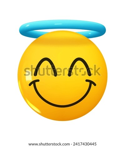 Smiling Face with halo ring Emoji. Emotion 3d cartoon icon. Yellow round emoticon. Vector illustration