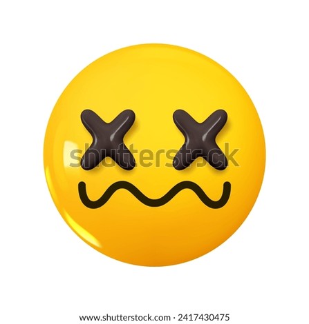 Emoji Face with cross x on Eyes and line mouth. Emotion 3d cartoon icon. Yellow round emoticon. Vector illustration