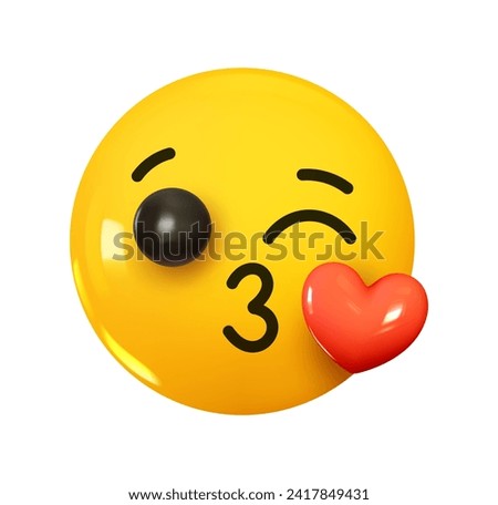 Emoji Person sending air kiss to red heart. Emotion 3d cartoon icon. Yellow round emoticon. Vector illustration