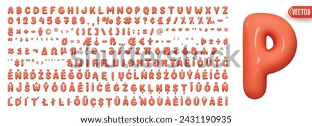 Fonts Complete set alphabetic letters and symbols and signs, numbers. Big collection of creative Font realistic 3d design plastic balloons style. Language support French, German. Vector illustration