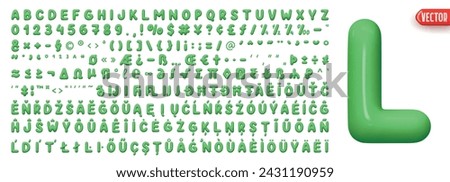 Fonts Complete set alphabetic letters and symbols and signs, numbers. Big collection of creative Font realistic 3d design plastic balloons style. Language support French, German. Vector illustration