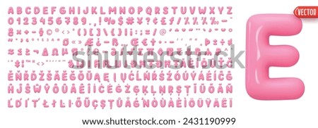 Fonts Complete set alphabetic letters and symbols and signs, numbers. Big collection of creative Font realistic 3d design plastic balloons style. Language support French, German. Vector illustration