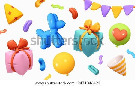 Collection colorful of objects party-themed for anniversary and birthday. Set of festive decorative design elements for party in realistic 3d cartoon style. vector illustration