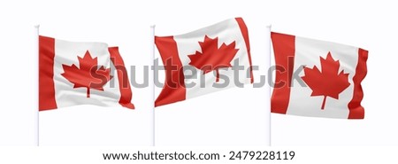 Set of Canadian waving flag on flagpole. Realistic 3d design flag flies on the wind on isolated white background. vector illustration
