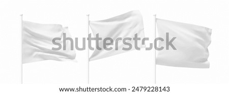 Set of White waving flag on flagpole. Realistic 3d design flag flies on the wind on isolated white background. vector illustration