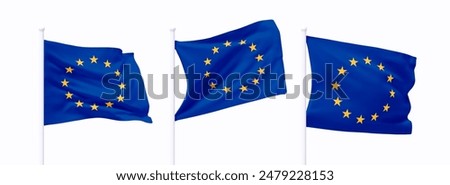 Set of European union waving flag on flagpole. Realistic 3d design flag flies on the wind on isolated white background. vector illustration