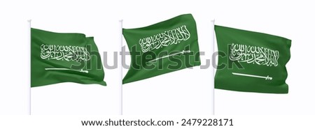 Set of Saudi Arabia waving flag on flagpole. Realistic 3d design flag flies on the wind on isolated white background. vector illustration