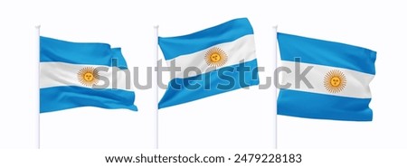 Set of Argentinian waving flag on flagpole. Realistic 3d design flag flies on the wind on isolated white background. vector illustration