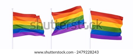 Set of LGBT, waving flag on flagpole. Realistic 3d design flag flies on the wind on isolated white background. vector illustration