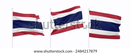 Set of Thai waving flag on flagpole. Realistic 3d design flag flies on the wind on isolated white background. vector illustration