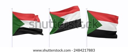 Set of Sudan waving flag on flagpole. Realistic 3d design flag flies on the wind on isolated white background. vector illustration