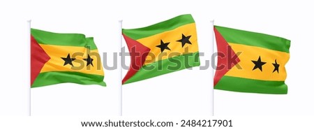 Set of Sao tome and Principe waving flag on flagpole. Realistic 3d design flag flies on the wind on isolated white background. vector illustration