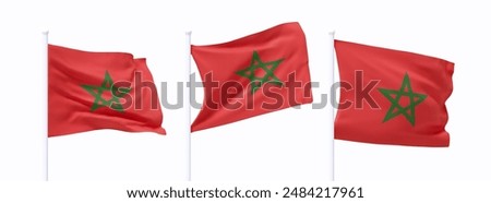 Set of Moroccan waving flag on flagpole. Realistic 3d design flag flies on the wind on isolated white background. vector illustration